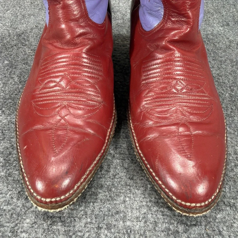 Vintage Botas Patros Leather Cowboy Boots Red Purple Stitch Western Cowgirl 10.5